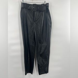 Zara black faux leather belted pants trousers size M